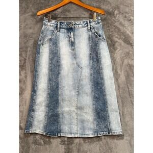 WASH LAB Denim Patchwork Midi Skirt 28 (29x30) Pieced Stretchy Distressed